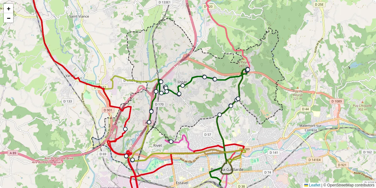 Carte du réseau de transport en commun à Ussac - lignes de bus et arrêts