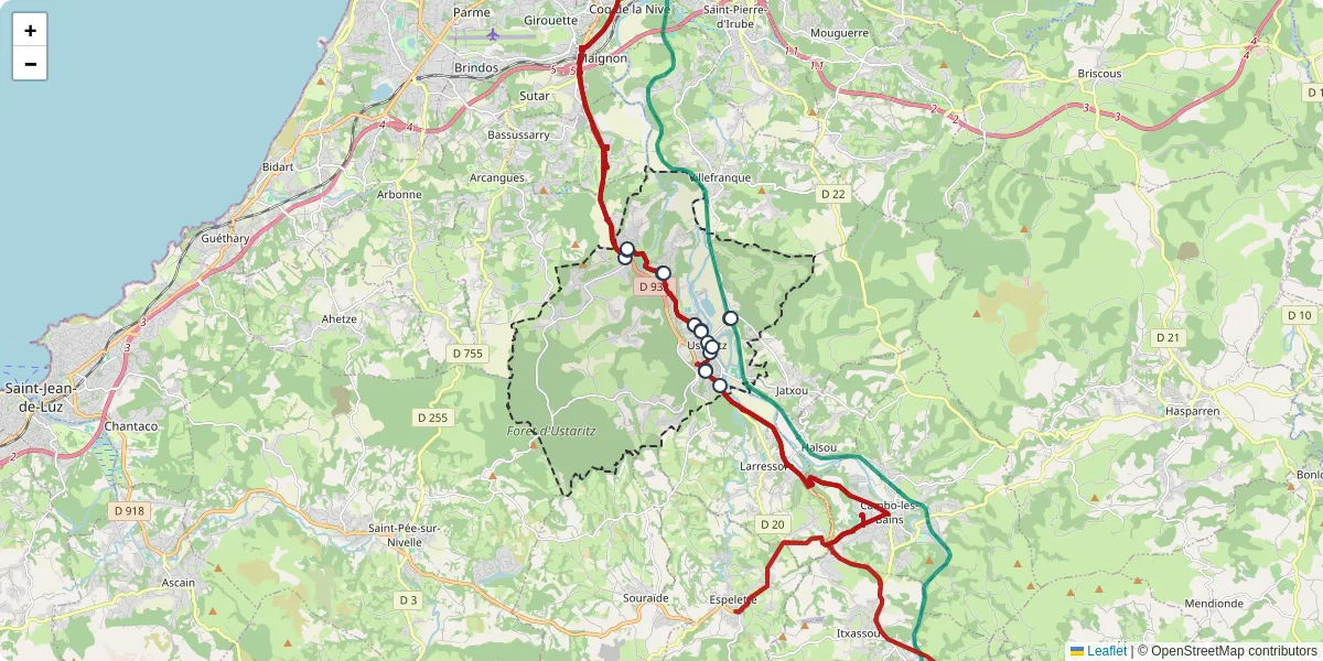 Carte du réseau de transport en commun à Ustaritz - lignes de bus et arrêts