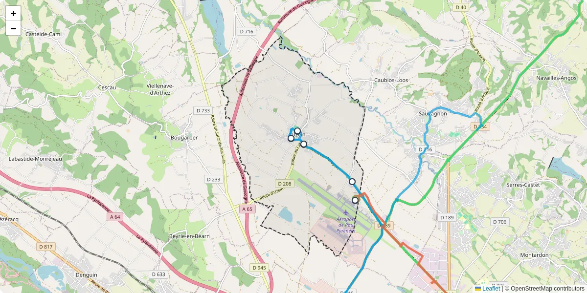 Carte du réseau de transport en commun à Uzein - lignes de bus et arrêts