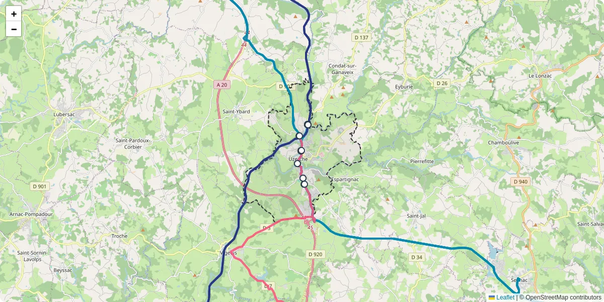 Carte du réseau de transport en commun à Uzerche - lignes de bus et arrêts