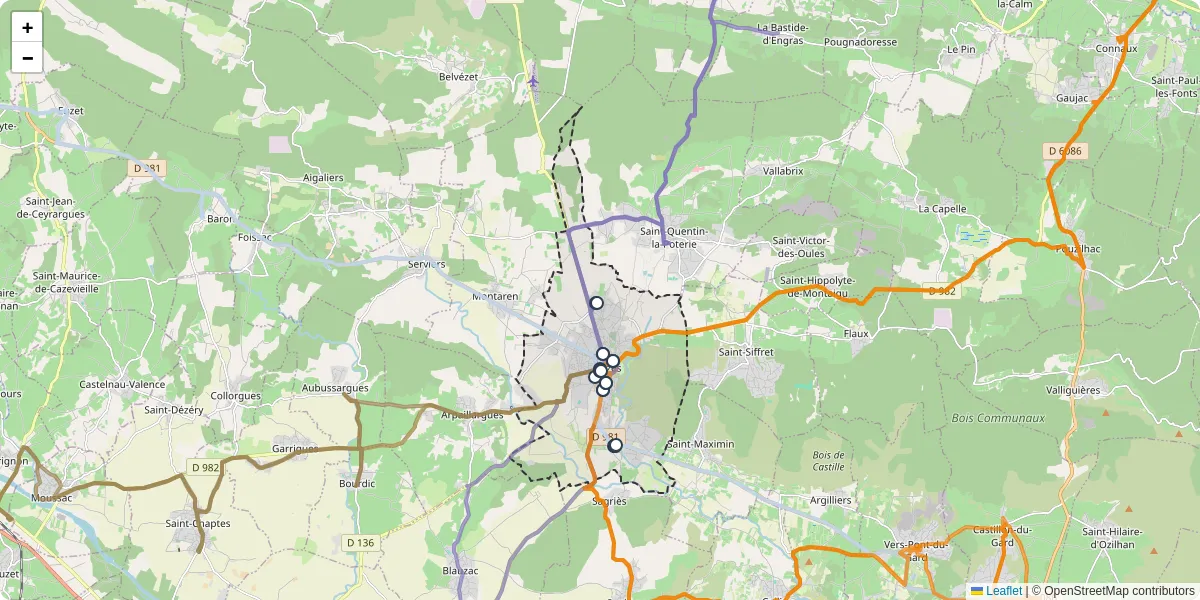 Carte du réseau de transport en commun à Uzès - lignes de bus et arrêts