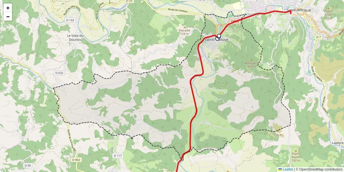 Carte du réseau de transport en commun à Vabres-l'Abbaye - lignes de bus et arrêts