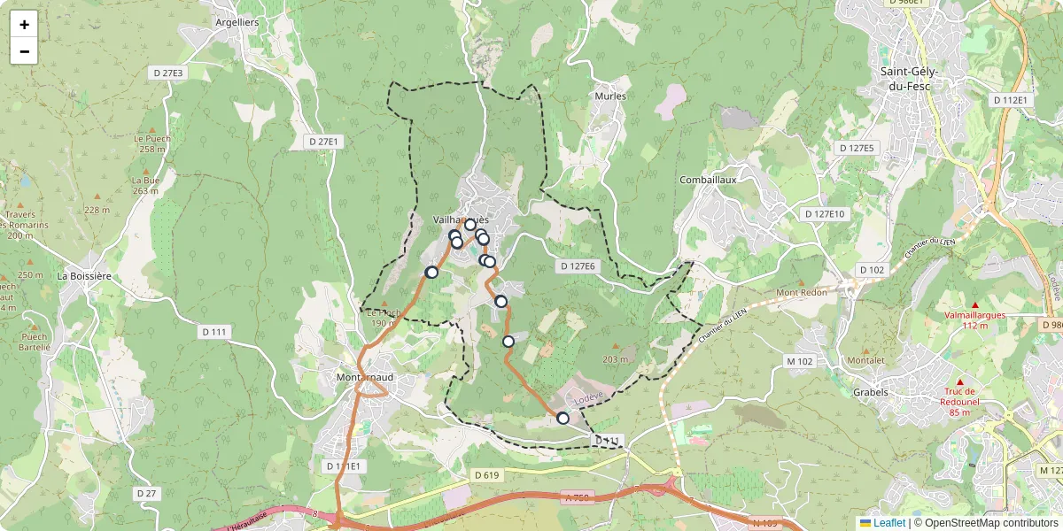 Carte du réseau de transport en commun à Vailhauquès - lignes de bus et arrêts