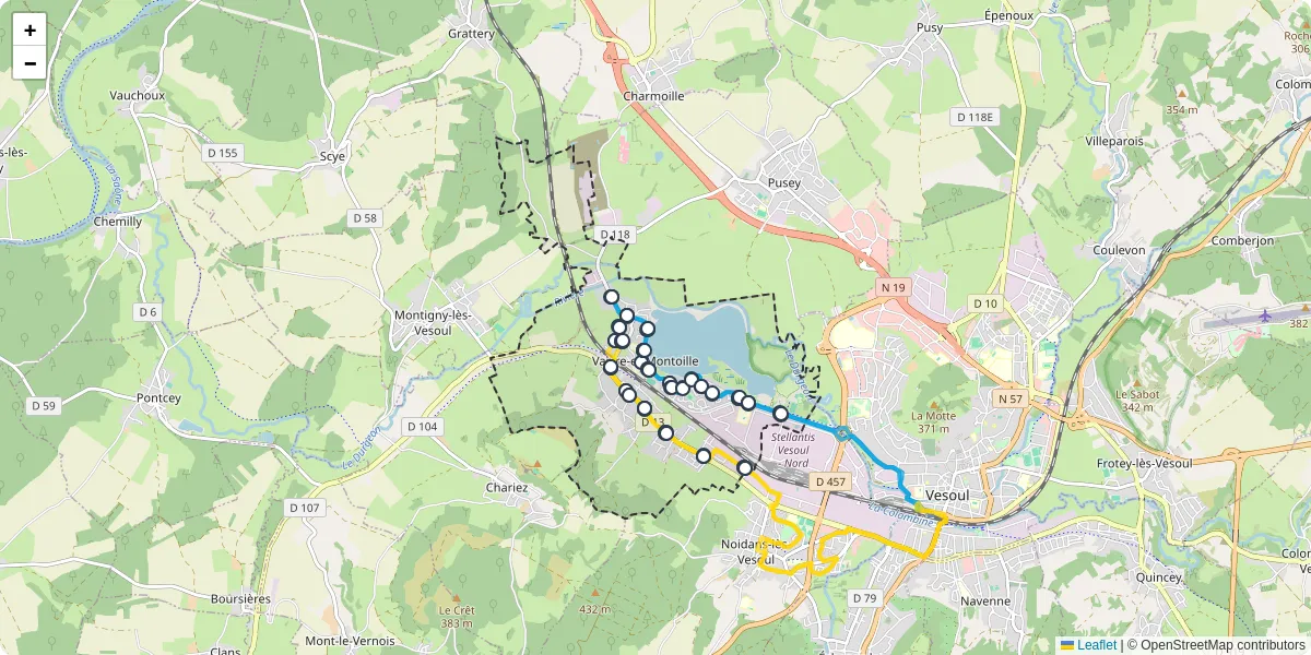 Carte du réseau de transport en commun à Vaivre-et-Montoille - lignes de bus et arrêts
