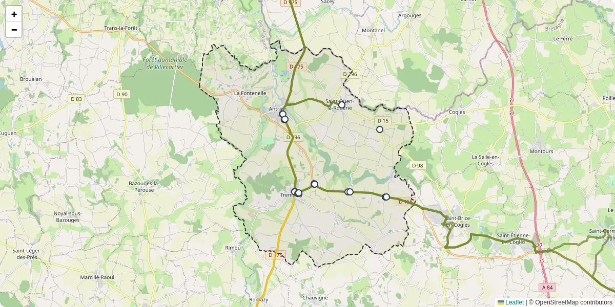 Carte du réseau de transport en commun à Val-Couesnon - lignes de bus et arrêts