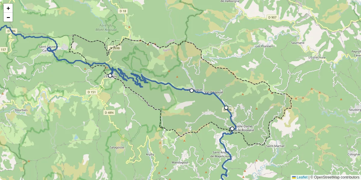 Carte du réseau de transport en commun à Val-d'Aigoual - lignes de bus et arrêts