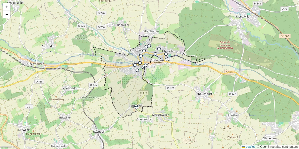 Carte du réseau de transport en commun à Val-de-Moder - lignes de bus et arrêts
