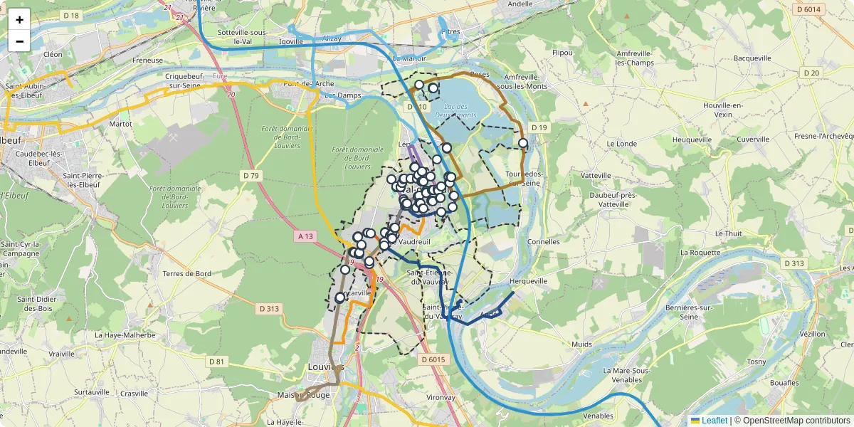 Carte du réseau de transport en commun à Val-de-Reuil - lignes de bus et arrêts