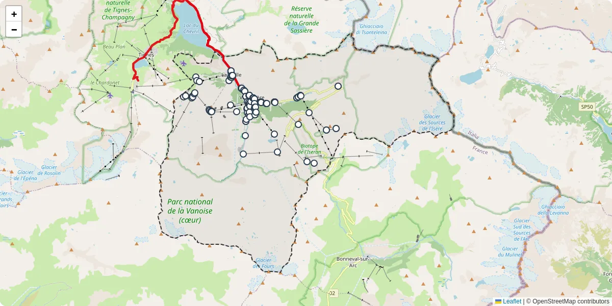 Carte du réseau de transport en commun à Val-d'Isère - lignes de bus et arrêts