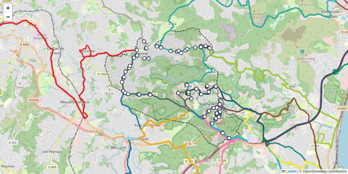 Carte du réseau de transport en commun à Valbonne - lignes de bus et arrêts