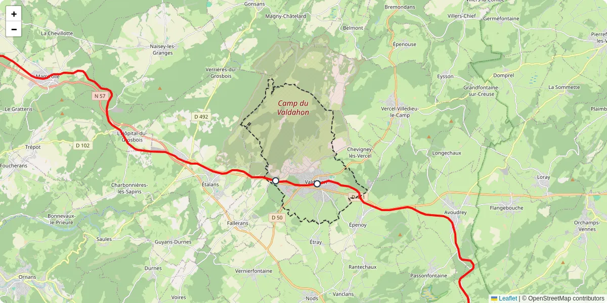 Carte du réseau de transport en commun à Valdahon - lignes de bus et arrêts