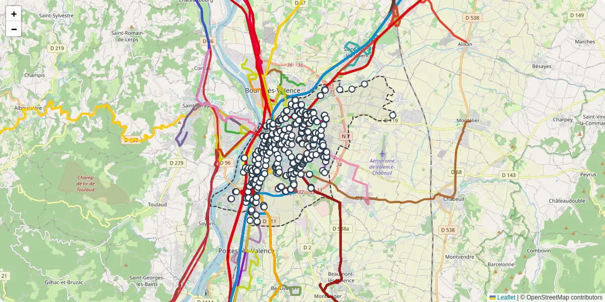 Carte du réseau de transport en commun à Valence - lignes de bus et arrêts