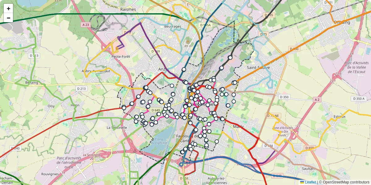 Carte du réseau de transport en commun à Valenciennes - lignes de bus et arrêts