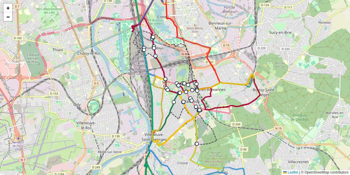 Carte du réseau de transport en commun à Valenton - lignes de bus et arrêts