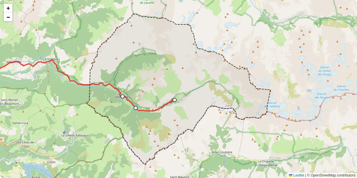 Carte du réseau de transport en commun à Valjouffrey - lignes de bus et arrêts