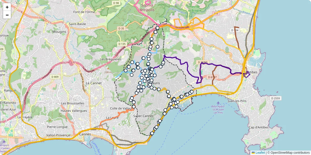 Carte du réseau de transport en commun à Vallauris - lignes de bus et arrêts