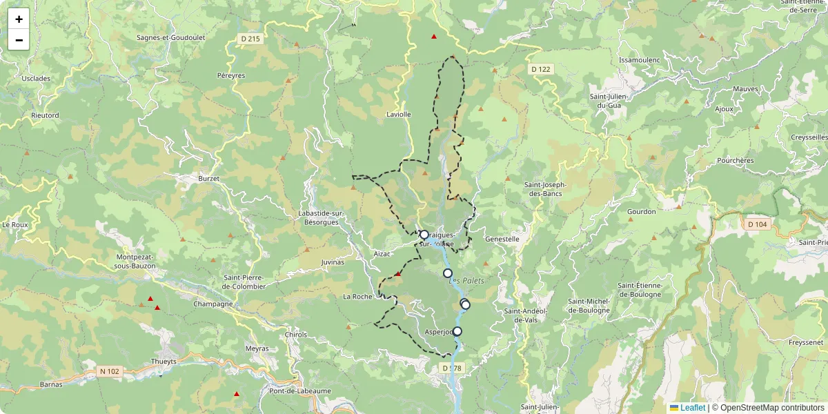 Carte du réseau de transport en commun à Vallées-d'Antraigues-Asperjoc - lignes de bus et arrêts