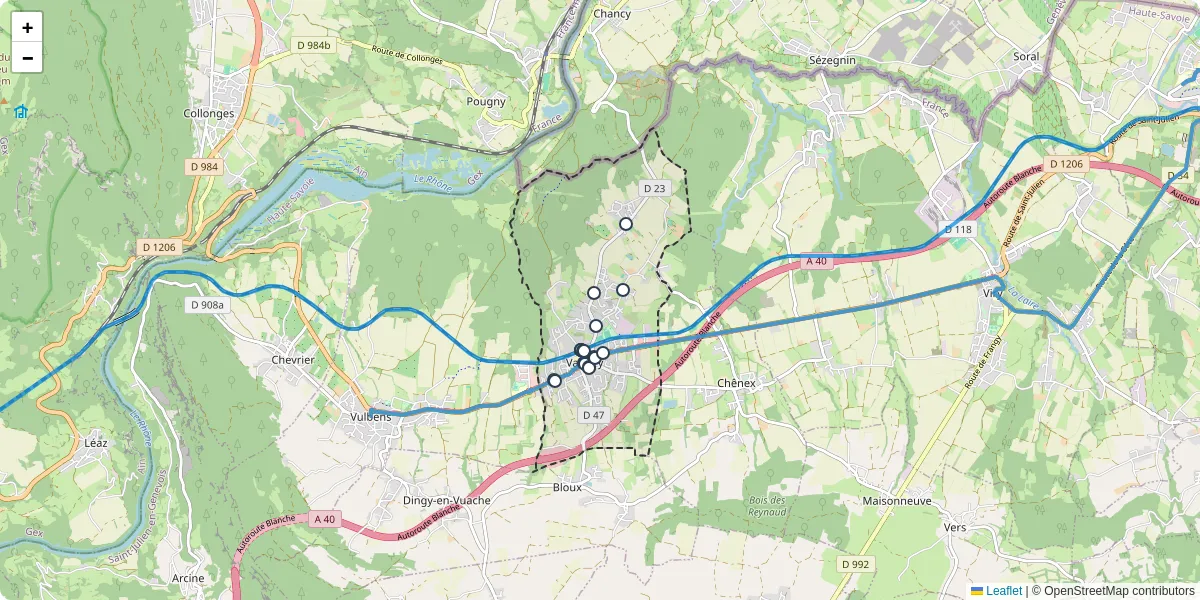 Carte du réseau de transport en commun à Valleiry - lignes de bus et arrêts
