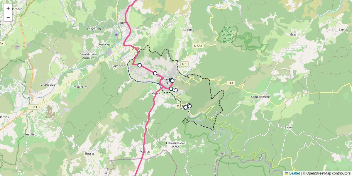 Carte du réseau de transport en commun à Vallon-Pont-d'Arc - lignes de bus et arrêts
