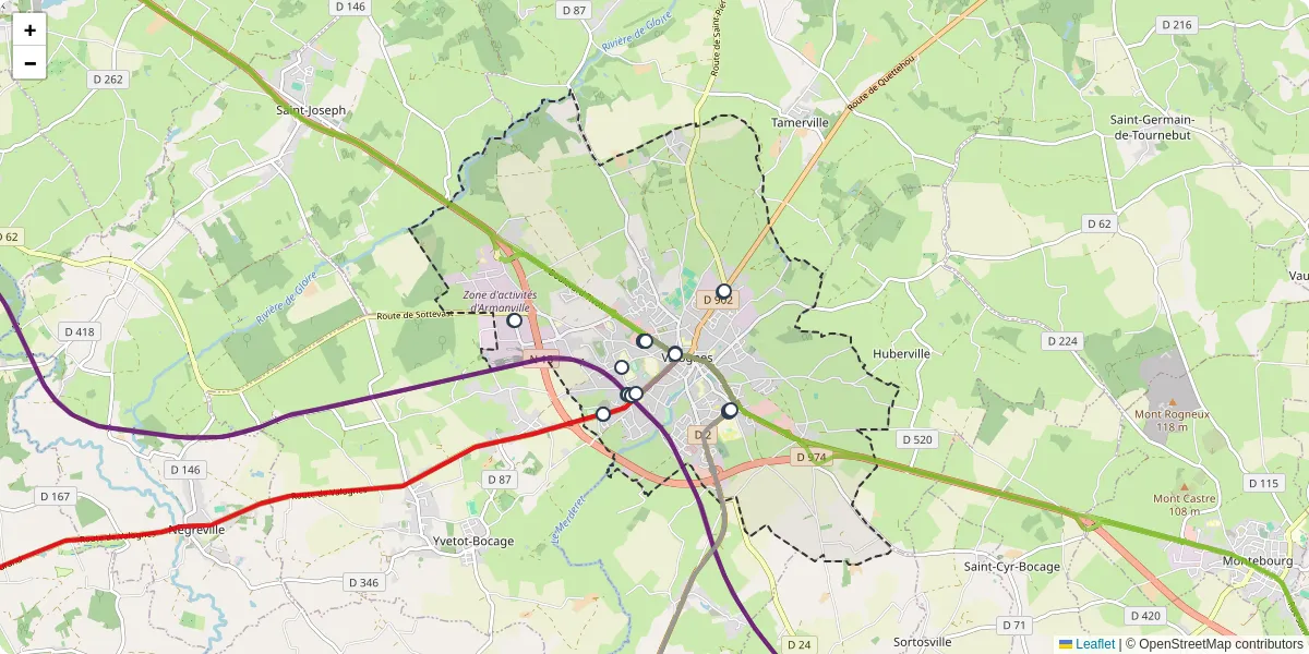 Carte du réseau de transport en commun à Valognes - lignes de bus et arrêts