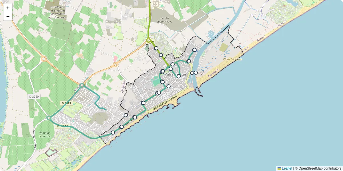 Carte du réseau de transport en commun à Valras-Plage - lignes de bus et arrêts