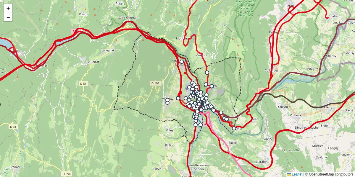 Carte du réseau de transport en commun à Valserhône - lignes de bus et arrêts