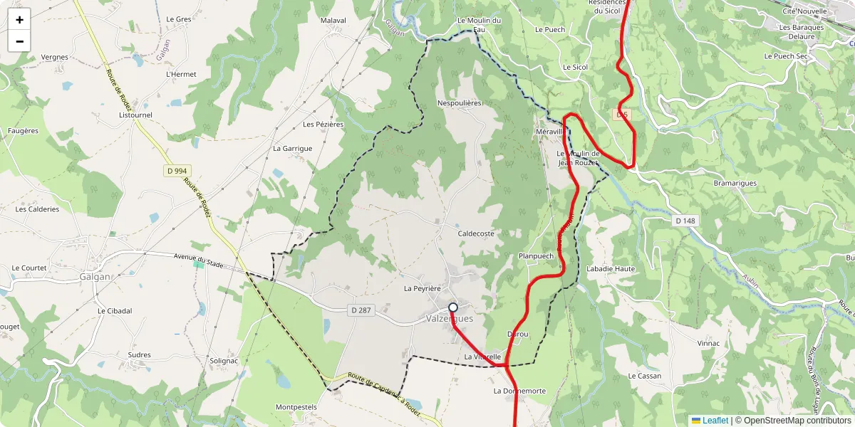Carte du réseau de transport en commun à Valzergues - lignes de bus et arrêts