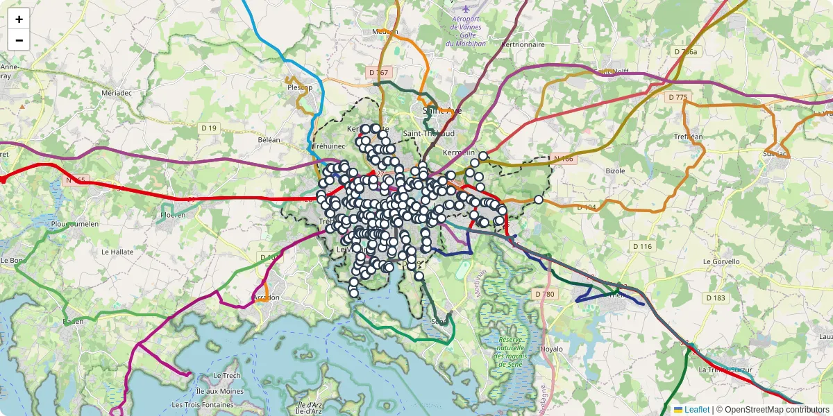 Carte du réseau de transport en commun à Vannes - lignes de bus et arrêts