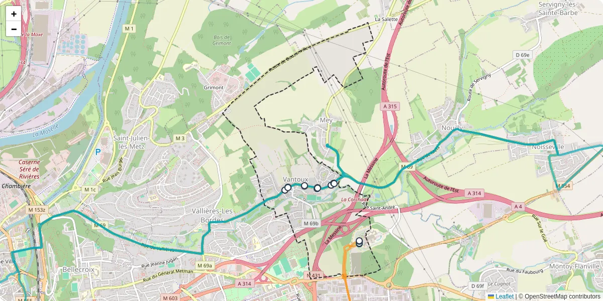 Carte du réseau de transport en commun à Vantoux - lignes de bus et arrêts