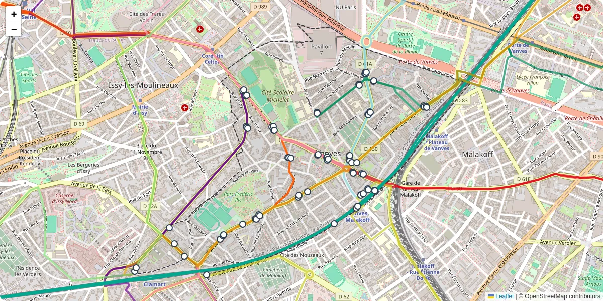 Carte du réseau de transport en commun à Vanves - lignes de bus et arrêts