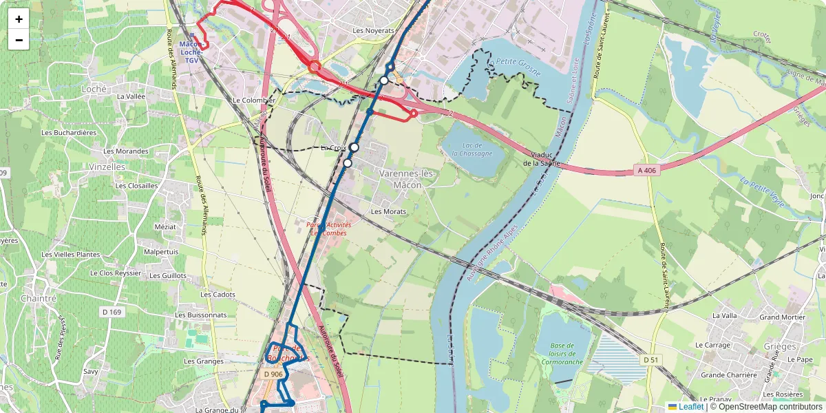 Carte du réseau de transport en commun à Varennes-lès-Mâcon - lignes de bus et arrêts