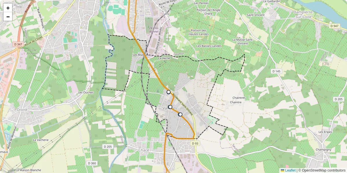 Carte du réseau de transport en commun à Varrains - lignes de bus et arrêts