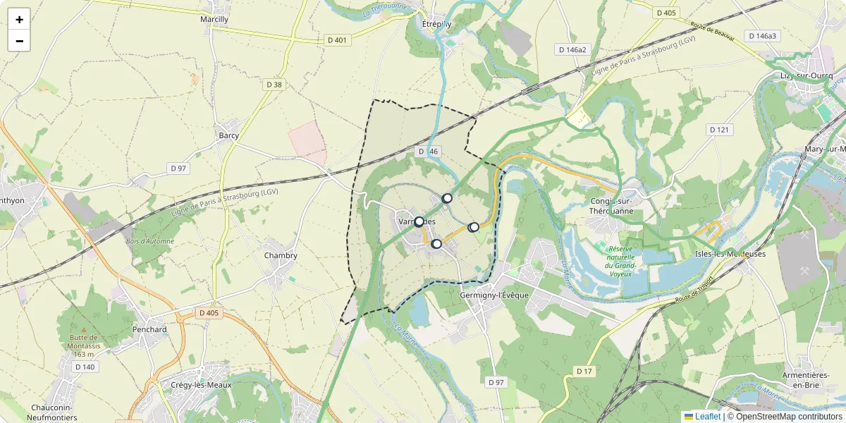 Carte du réseau de transport en commun à Varreddes - lignes de bus et arrêts