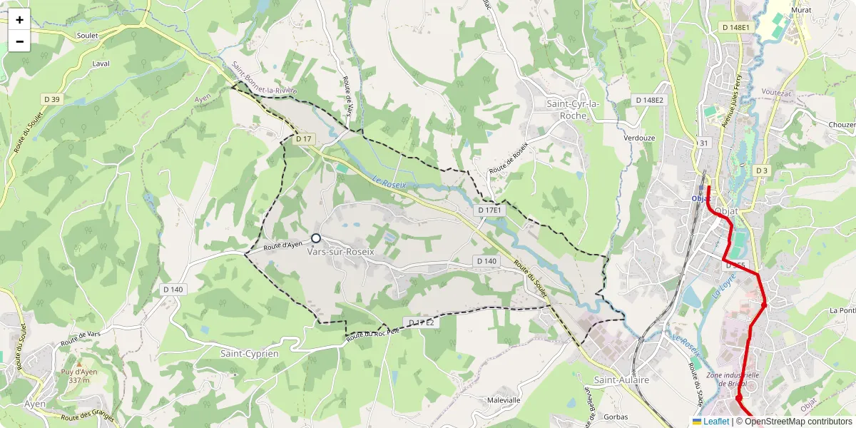 Carte du réseau de transport en commun à Vars-sur-Roseix - lignes de bus et arrêts