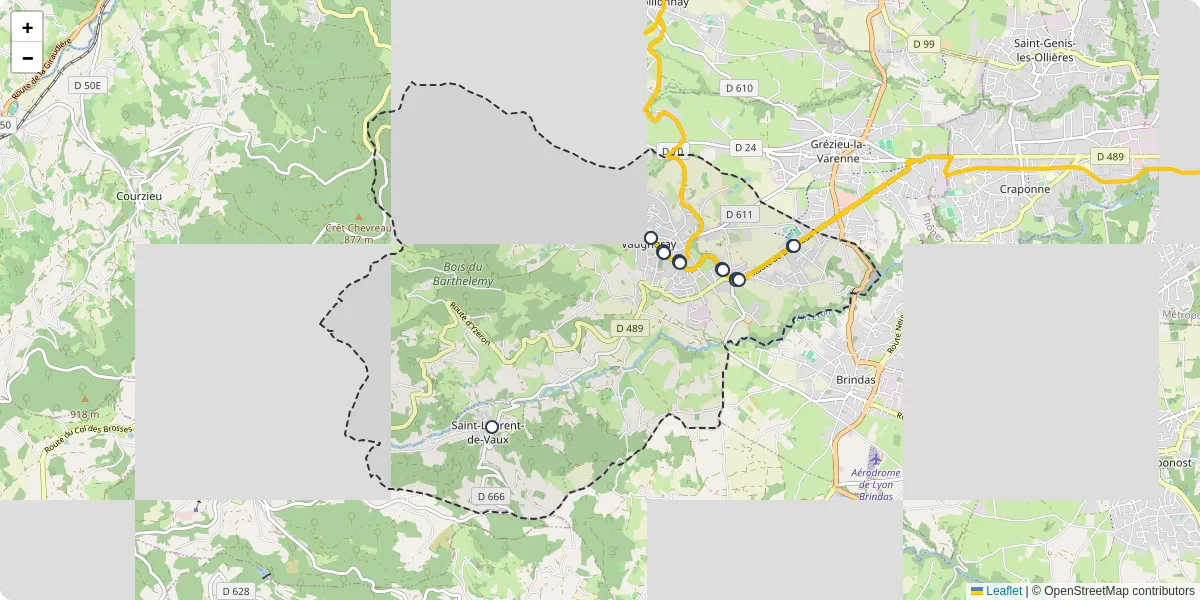 Carte du réseau de transport en commun à Vaugneray - lignes de bus et arrêts