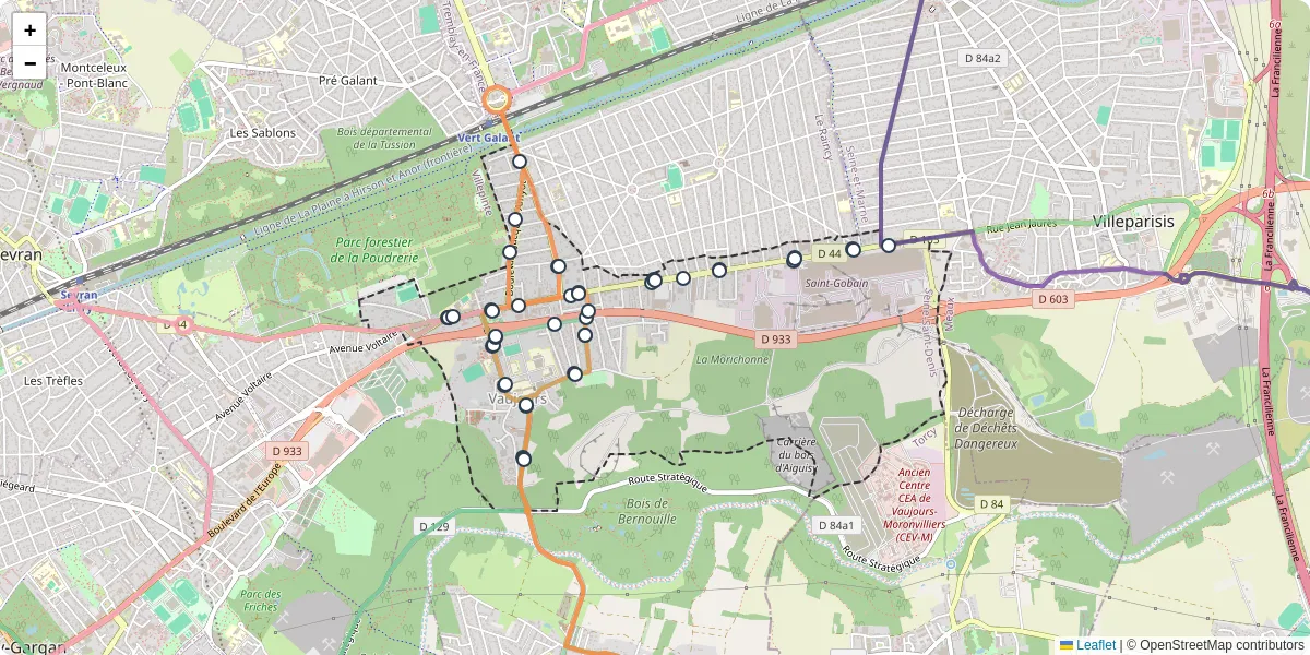 Carte du réseau de transport en commun à Vaujours - lignes de bus et arrêts