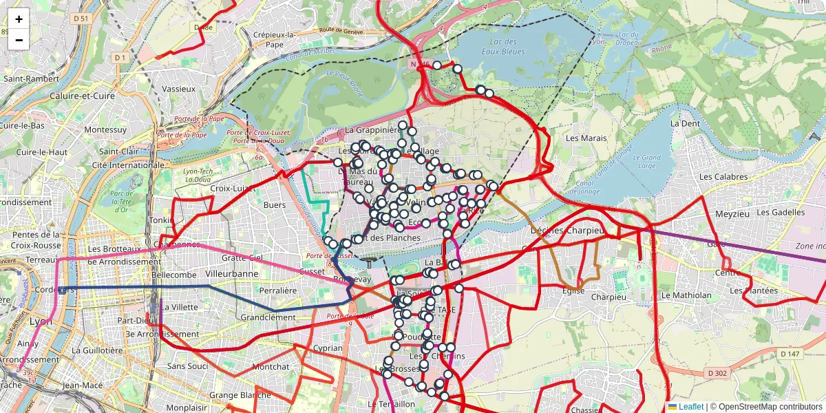 Carte du réseau de transport en commun à Vaulx-en-Velin - lignes de bus et arrêts