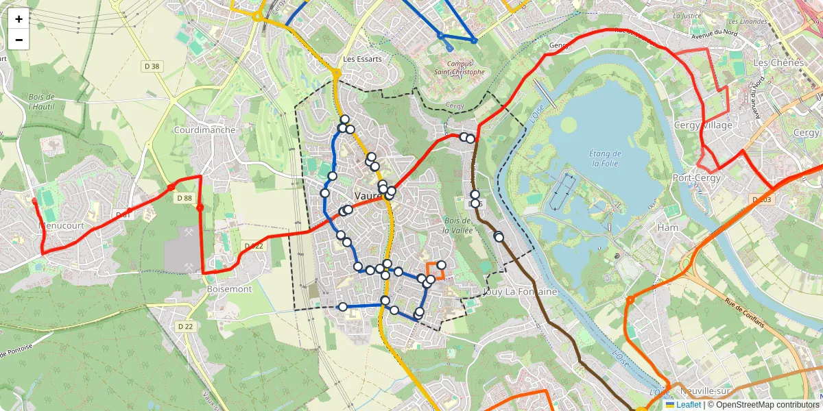 Carte du réseau de transport en commun à Vauréal - lignes de bus et arrêts