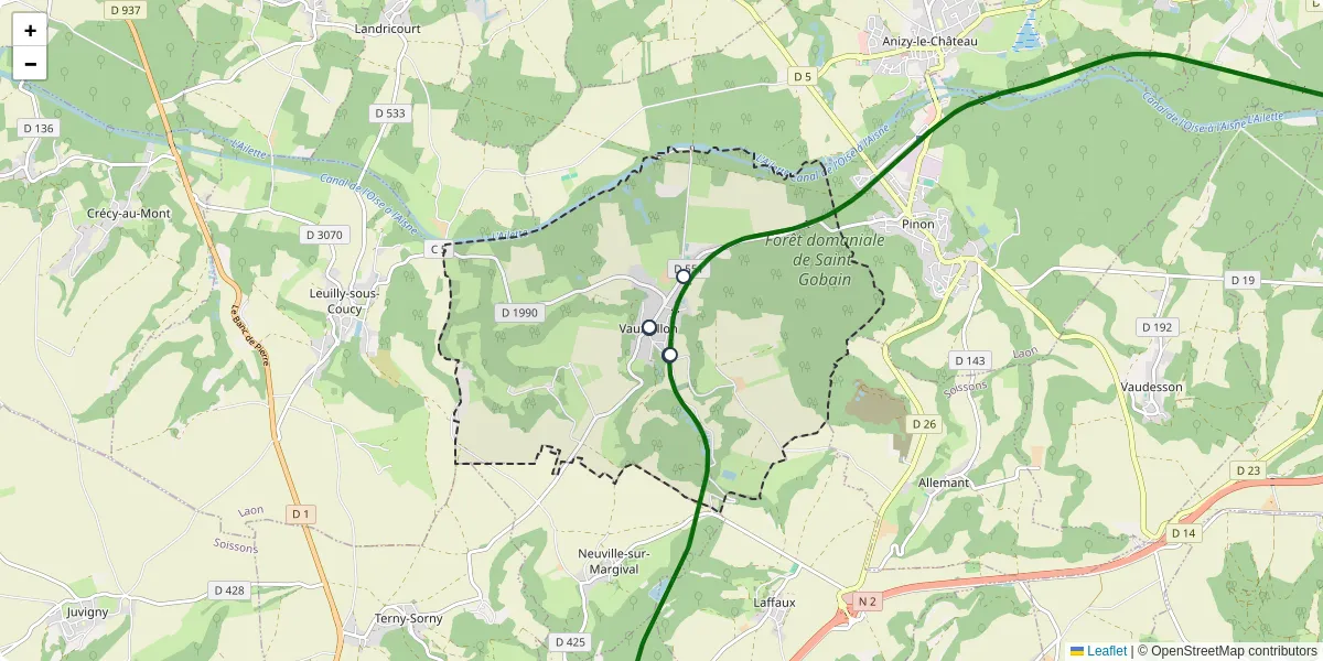 Carte du réseau de transport en commun à Vauxaillon - lignes de bus et arrêts