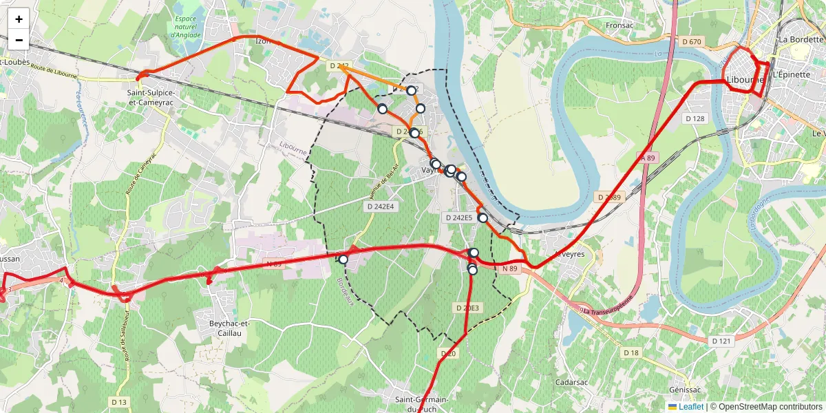 Carte du réseau de transport en commun à Vayres - lignes de bus et arrêts