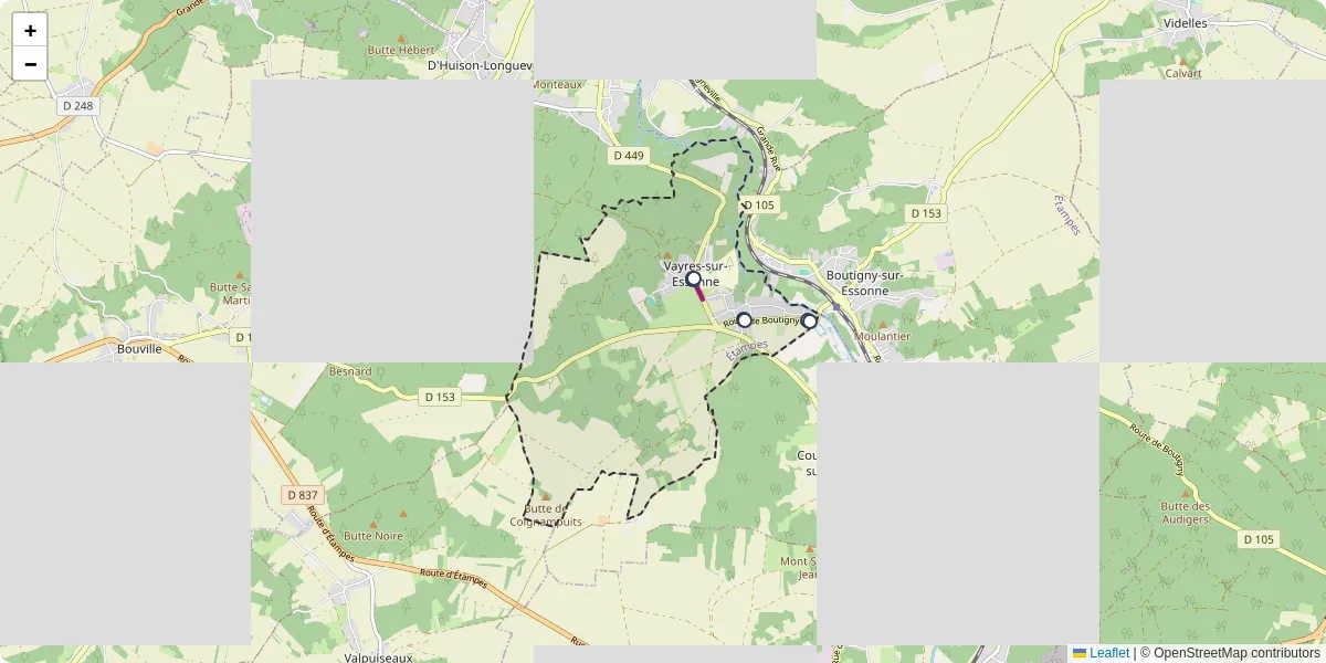 Carte du réseau de transport en commun à Vayres-sur-Essonne - lignes de bus et arrêts