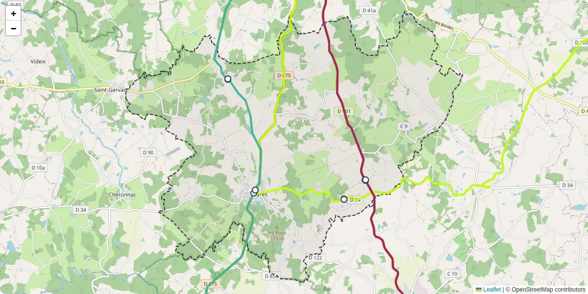 Carte du réseau de transport en commun à Vayres - lignes de bus et arrêts