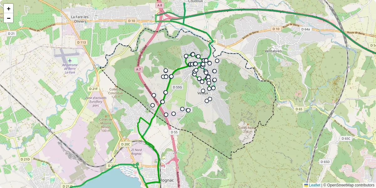 Carte du réseau de transport en commun à Velaux - lignes de bus et arrêts