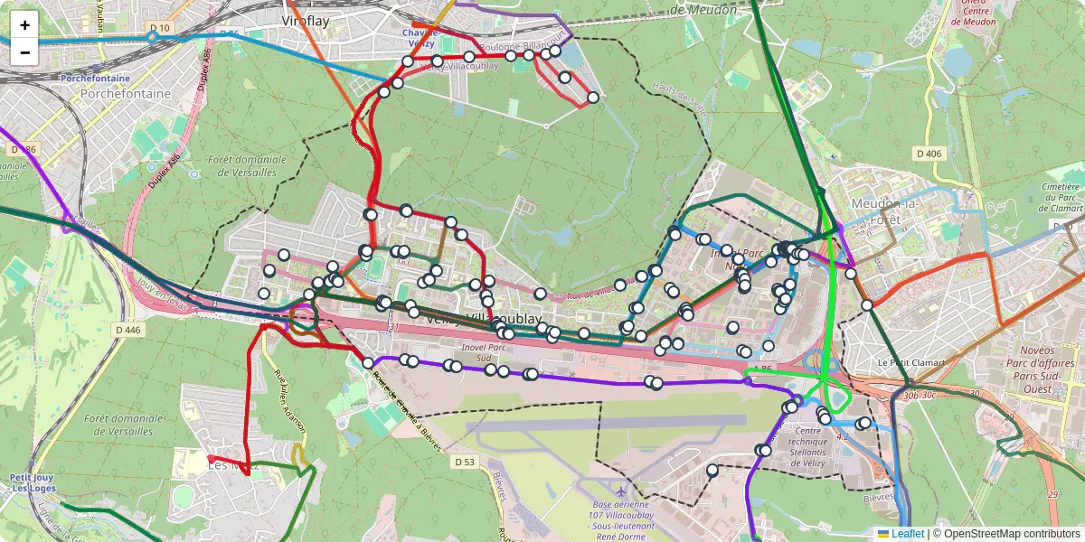 Carte du réseau de transport en commun à Vélizy-Villacoublay - lignes de bus et arrêts