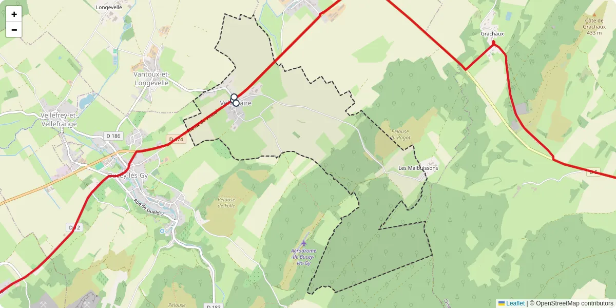 Carte du réseau de transport en commun à Velleclaire - lignes de bus et arrêts