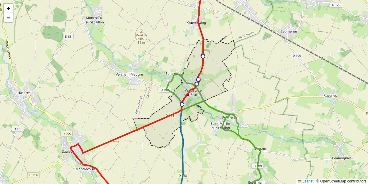 Carte du réseau de transport en commun à Vendegies-sur-Écaillon - lignes de bus et arrêts