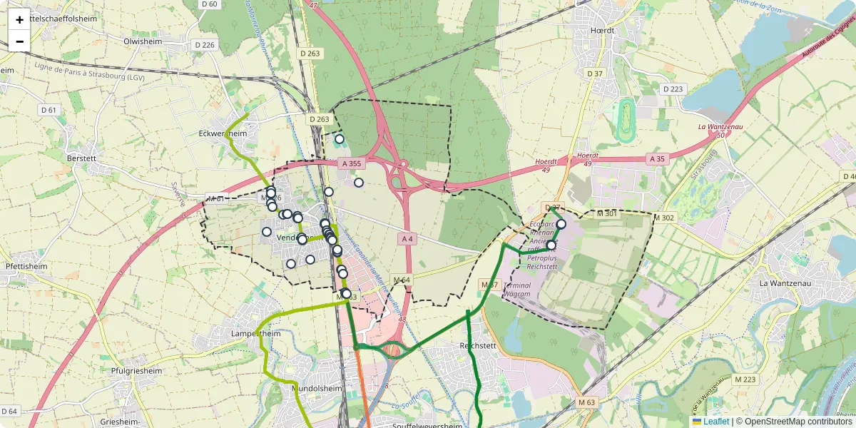 Carte du réseau de transport en commun à Vendenheim - lignes de bus et arrêts