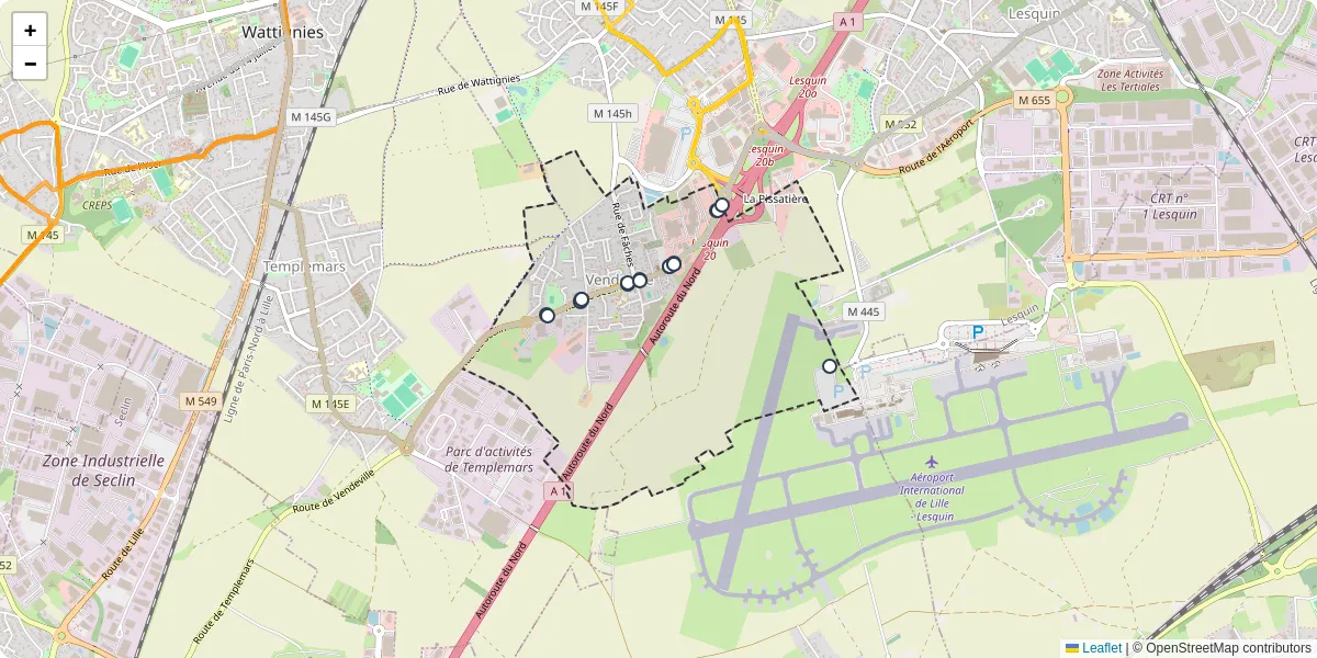 Carte du réseau de transport en commun à Vendeville - lignes de bus et arrêts