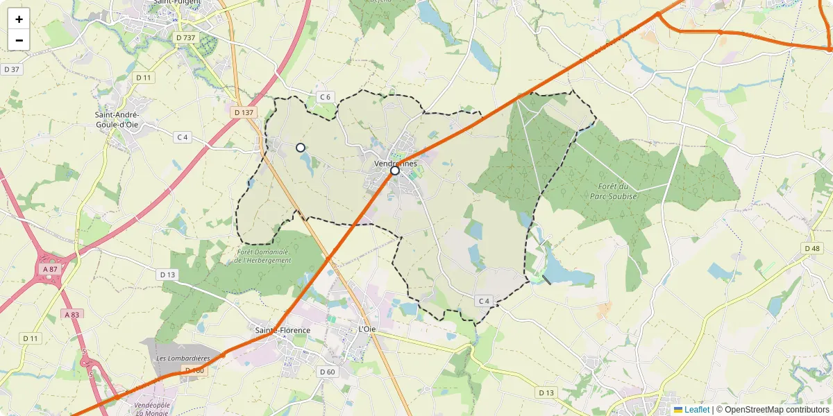 Carte du réseau de transport en commun à Vendrennes - lignes de bus et arrêts