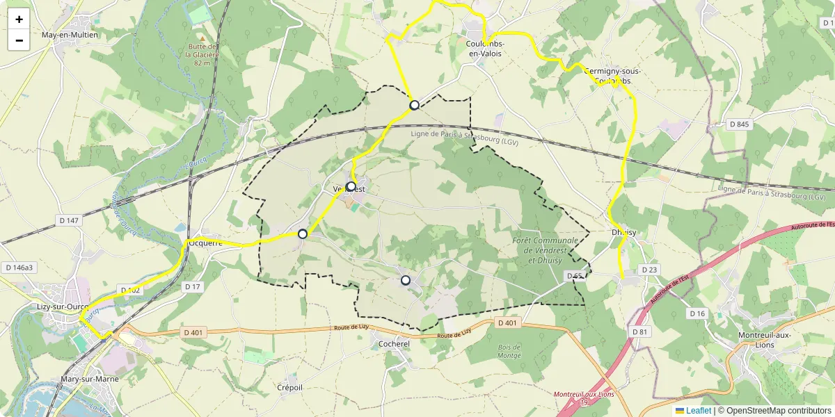 Carte du réseau de transport en commun à Vendrest - lignes de bus et arrêts